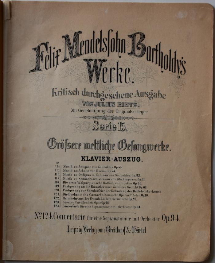 No 320 Men 11 : [Infelice.] No. 124. Concert-Arie für Sopranstimme mit Orchester  op. 94. [Bearbeitet für Sopran und Klavier.] ([um 1880])
