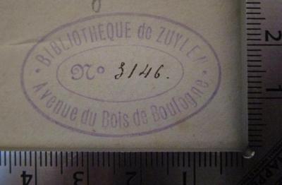  Des jésuites (1843);- (Bibliothèque de Zuylen), Stempel: Name, Ortsangabe, Berufsangabe/Titel/Branche; 'Bibliothèque de Zuylen Avenue du Bois de Boulogne No'.  (Prototyp);- (Bibliothèque de Zuylen), Von Hand: Nummer; '3146'. 