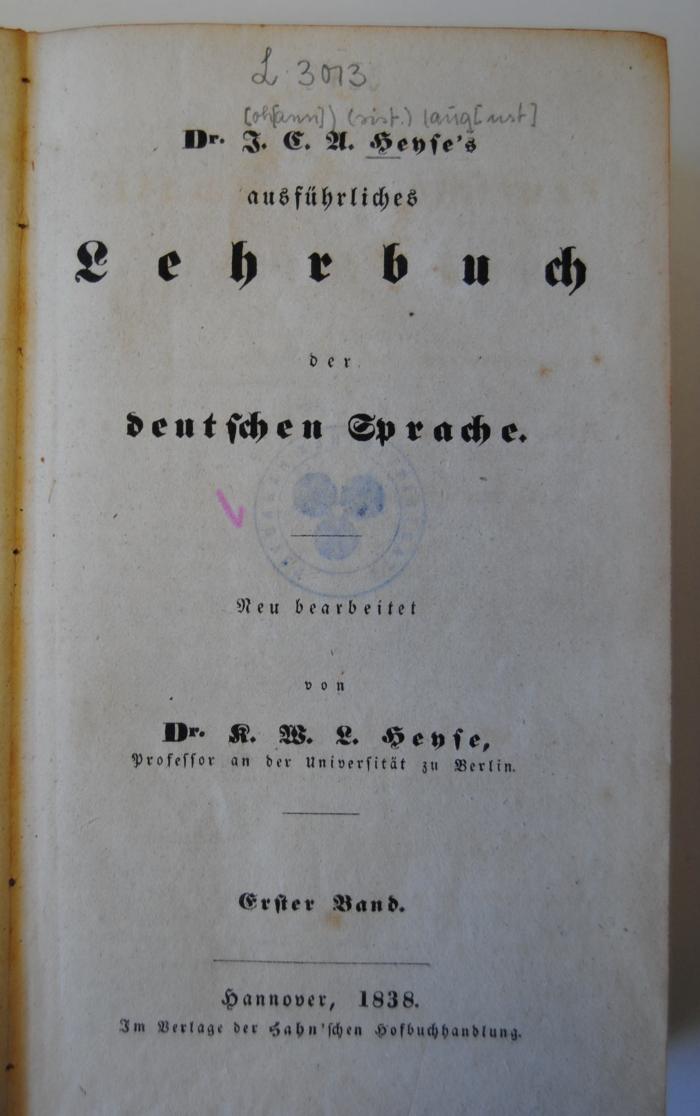 L 3013 : Ausführliches Lehrbuch der deutschen Sprache, Bd. 1. (1838)