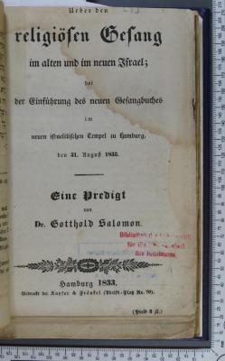 296.45 SALO : Über den religiösen Gesang im alten und neuen Israel : bei der Einführung des neuen Gesangbuches im neuen israelitischen Tempel zu Hamburg, den 31. August 1833 [Predigt] (1833)