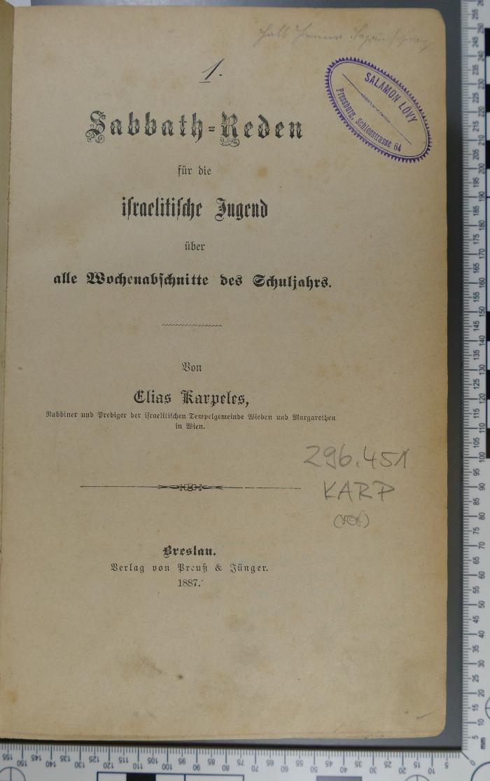 296.451 KARP : Sabbath-Reden für die israelitische Jugend : über alle Wochenabschnitte des Schuljahrs (1887)