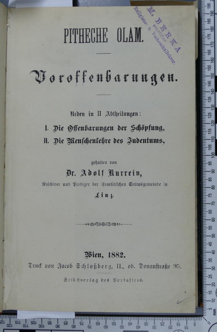 206.452 HILL : Pitheche Olam. Voroffenbarungen. Reden in II Abtheilungen: I: Die Offenbarungen der Schöpfung II: Die Menschenlehre des Judentums (1882)