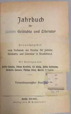 ZA 238,24.1921/22 : Jahrbuch für Jüdische Geschichte und Literatur (1921/22)