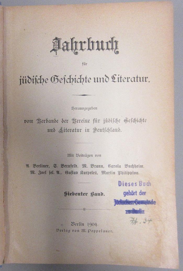 ZA 238,7.1904 : Jahrbuch für jüdische Geschichte und Literatur (1904)