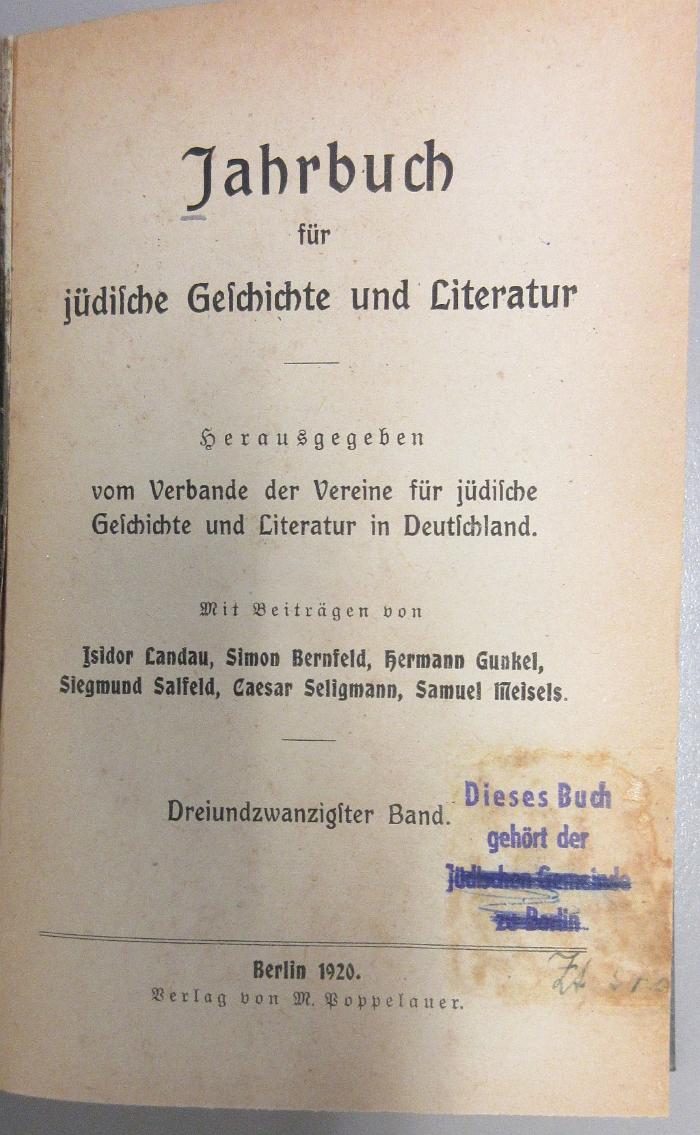 ZA 238,23.1920 : Jahrbuch für Jüdische Geschichte und Literatur (1920)