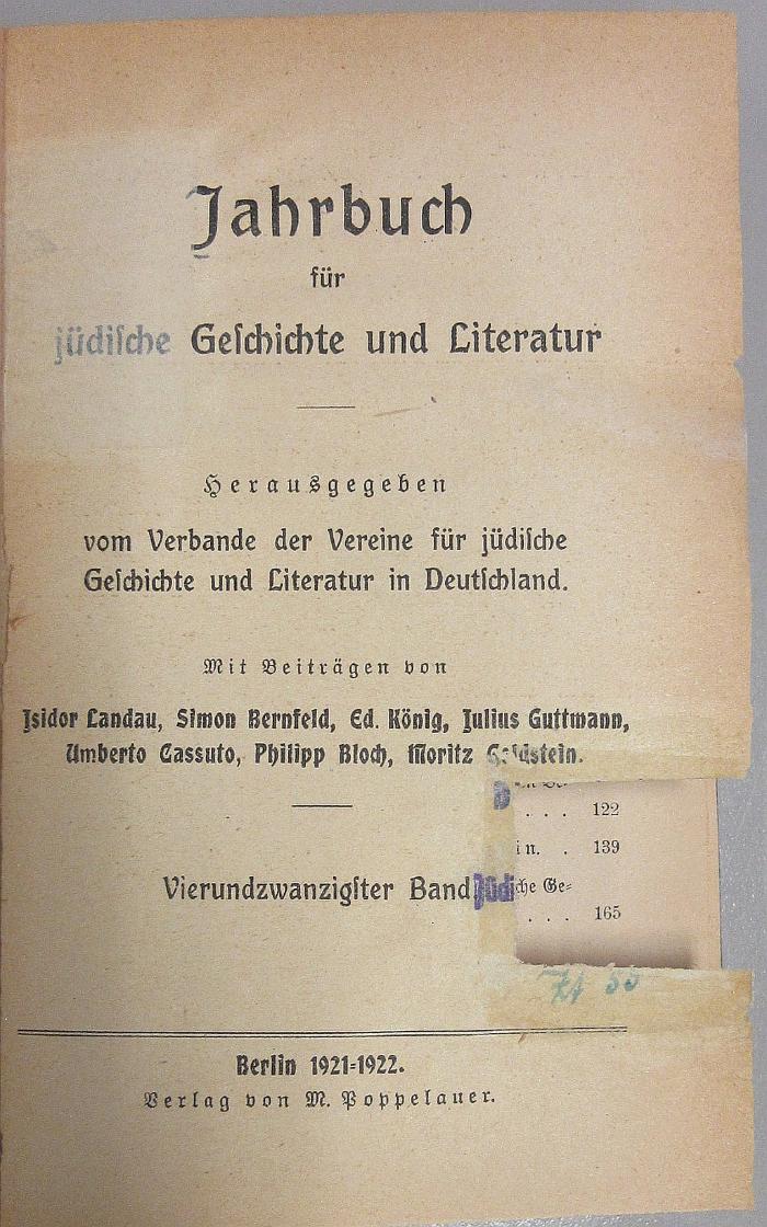 ZA 238,24.1921/22 : Jahrbuch für Jüdische Geschichte und Literatur (1921/22)