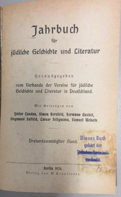 ZA 238,23.1920 : Jahrbuch für Jüdische Geschichte und Literatur (1920)