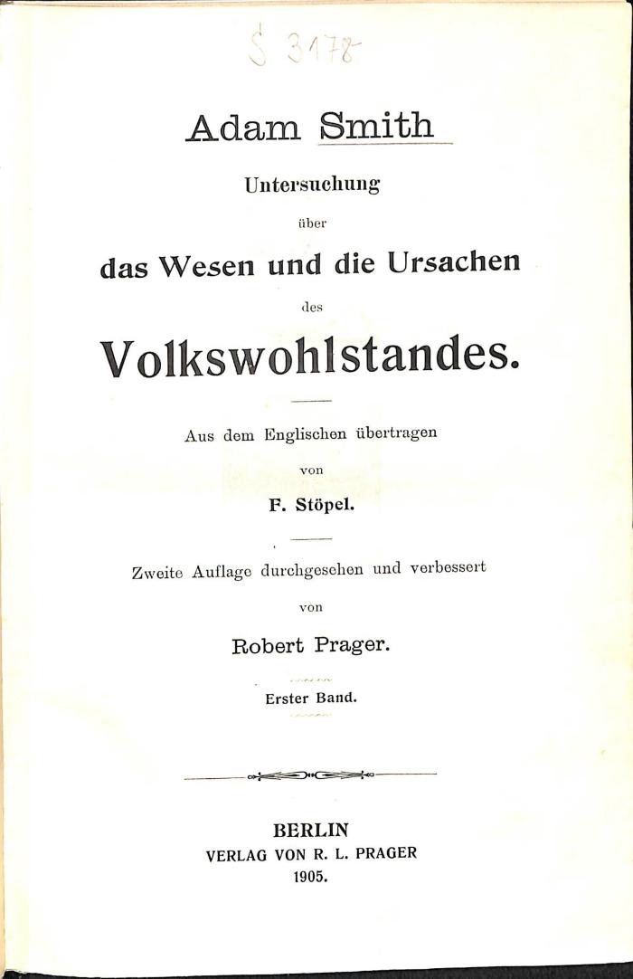 S 3178 : Untersuchung über das Wesen und die Ursachen des Volkswohlstandes. Bd. 1. (1905)