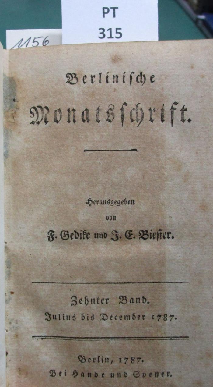  Berlinische Monatsschrift : Julius - December 1787 (1787)