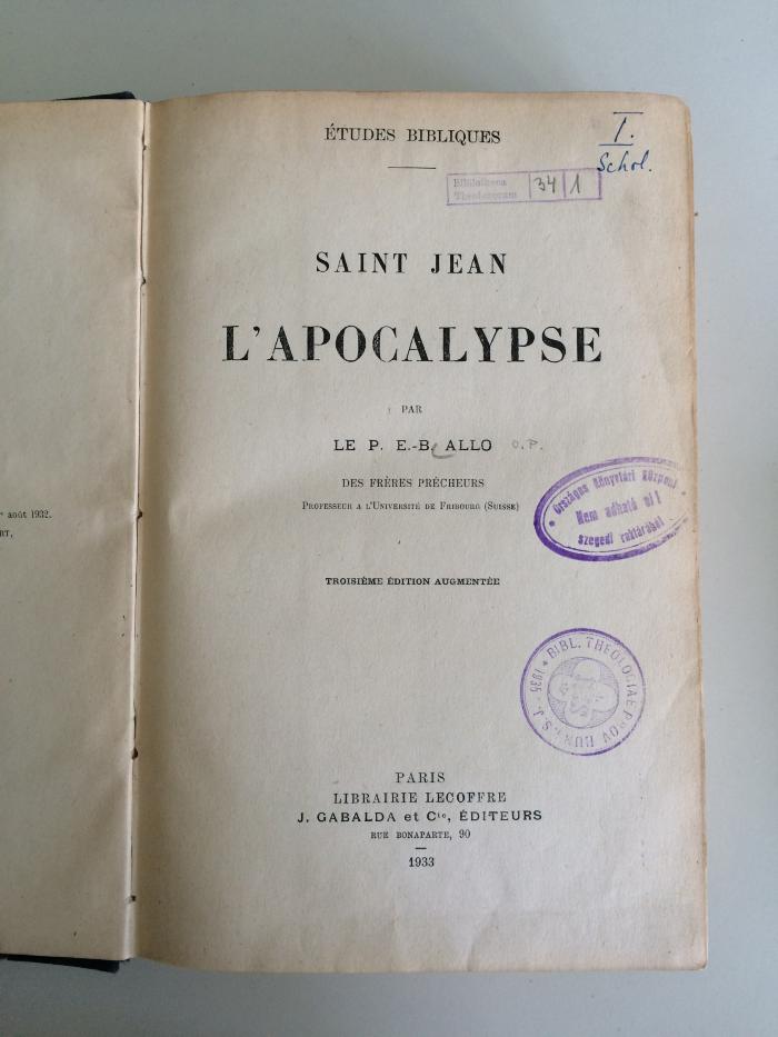 BC 5090 A441(3) : Saint Jean l`Apocalypse par Ernest Bernard Allo (1933)