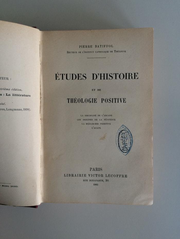 BO 2180 B333 : Études d'Histoire et de Théologie Positive (1902)