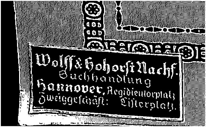 - (Wolff &amp; Hohorst Nachf. ), Etikett: Berufsangabe/Titel/Branche, Name, Ortsangabe; 'Wolff &amp; Hohorst Nachf. / Buchhandlung / Hannover, Aegidientorplatz / Zweiggeschäft: Listerplatz'. 
