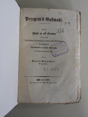 GB M 653 : Peregrin's Gastmahl. Eine Idylle in eilf Octaven aus dem deutschen wissenschaftlichen Volksleben, mit Beiträgen zur Charakteristik europäischer Philosophie in älterer und neuerer Zeit. (1830)