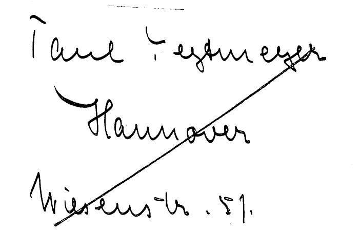 -, Von Hand: Name, Ortsangabe; 'Paul Tegtmeyer / Hannover / Wiesenstr. 51'