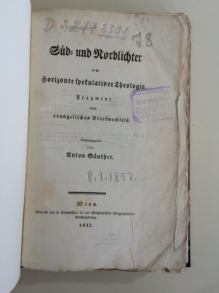 GB M 652 : Süd- und Nordlichter am Horizonte spekulativer Theologie. Fragmente eines evangelischen Briefwechsels. (1832)