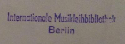 - (Internationale Musikbibliothek (Berlin, Ost)), Stempel: Name, Berufsangabe/Titel/Branche, Ortsangabe; 'Internationale Musikleihbibliothek
Berlin'.  (Prototyp)