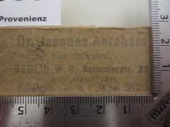 - (Abraham, Jacques), Stempel: Name, Berufsangabe/Titel/Branche; 'Dr. Jacques Abraham
Rechtsanwalt
Berlin W. 8, Kanonierstr. 37
[nä]he Jägerstraße
Fernsprecher A 1 Jäger 3120'.  (Prototyp)