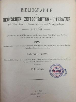 ZA10,21.1907 : Bibliographie der deutschen Zeitschriftenliteratur : mit Einschluß von Sammelwerken (1907)