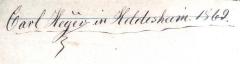 - (Heyer, Carl), Von Hand: Name, Ortsangabe, Datum; 'Carl Heyer in Hildesheim. 1869[?]'. 