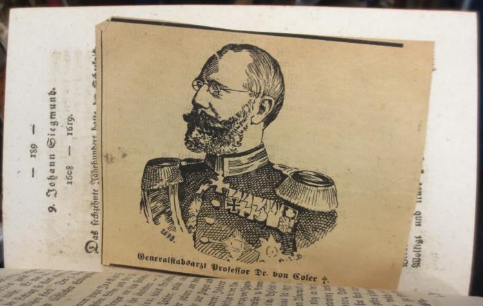 I 14840 3 3.Ex.: Geschichte der Mark Brandenburg für Freunde historischer Kunde : Dritter Band (1799);- (unbekannt), Papier: Portrait; 'Generalstabsarzt Professor Dr. von Coler †.'. 