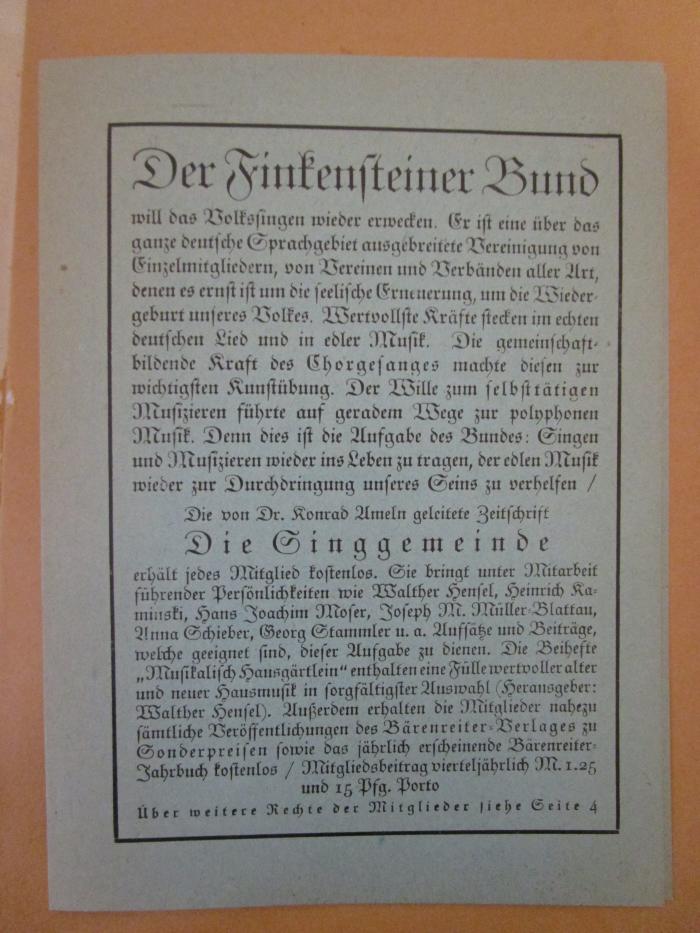  Lied und Volk : Eine Streitschrift wider das falsche deutsche Lied (1927);- (unbekannt), Papier: ; 'Der Finkensteiner Bund will das Volkssingen wieder erwecken. [...]'. 