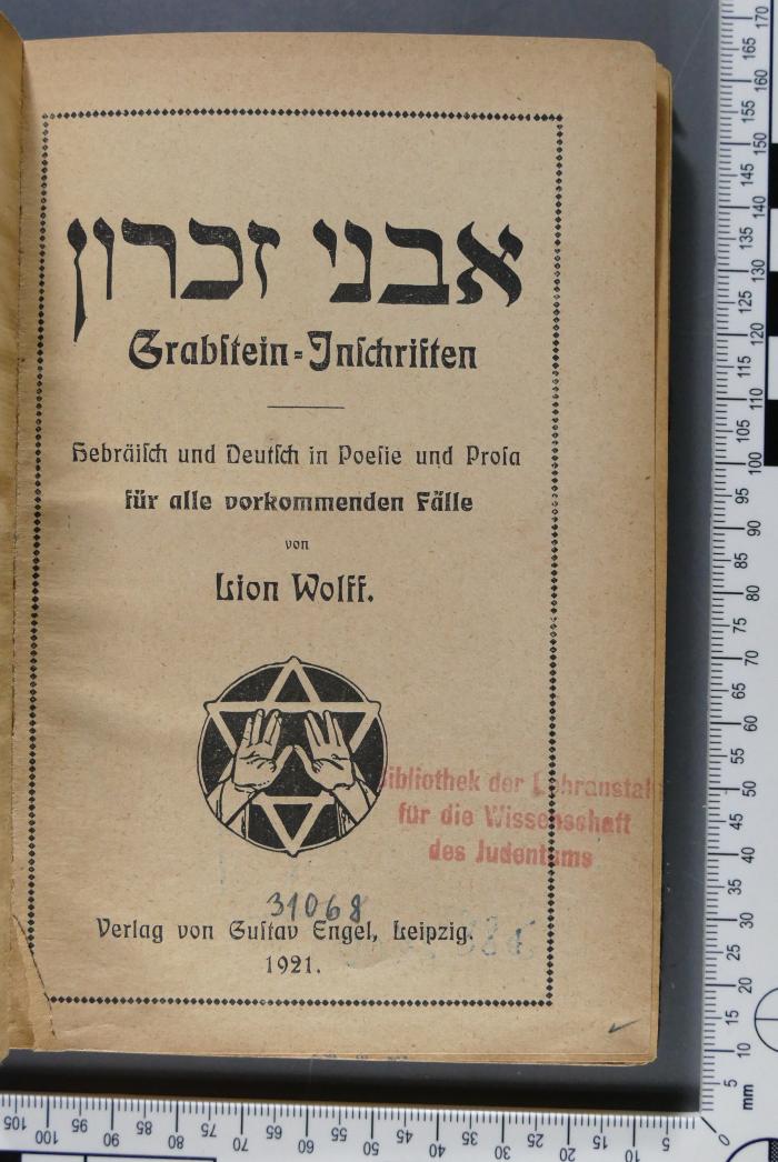 492.417 WOLF : אבני זיכרון
Grabstein-Inschriften. Hebräisch und Deutsch in Poesie und Prosa für alle vorkommenden Fälle (1921)