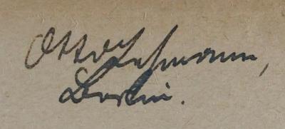- (Lehmann, Otto), Von Hand: Autogramm, Name, Ortsangabe; 'Otto Lehmann,
Berlin.'.  (Prototyp)