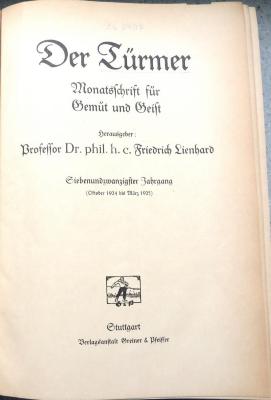 Zs 2407 : 27,1 : Der Türmer 27.1924/25, Bd. 1. Monatsschrift für Gemüt und Geist. (1924/25)