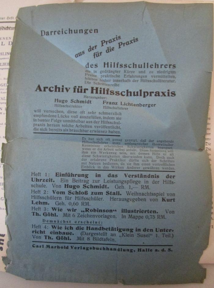  Die schöne Literatur (1929);- (unbekannt), Papier: ; 'Darreichungen aus der Praxis für die Praxis des Hilfsschullehrers...'. 