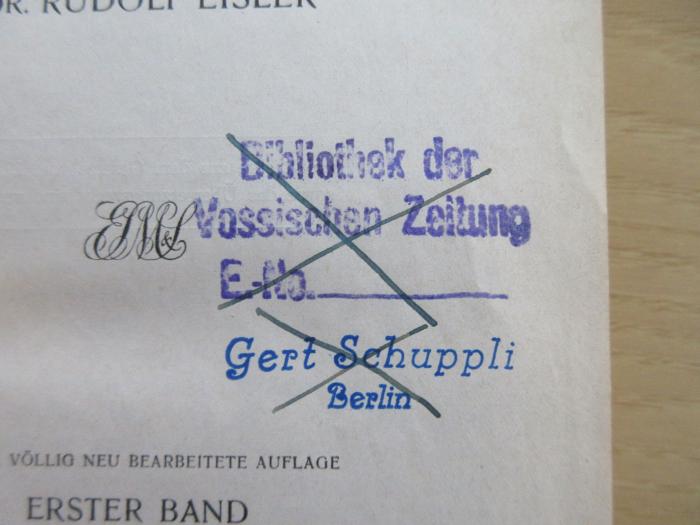 - (Schuppli, Gert), Durchgestrichen: Name, Ortsangabe; 'Gert Schuppli
Berlin'.  (Prototyp)