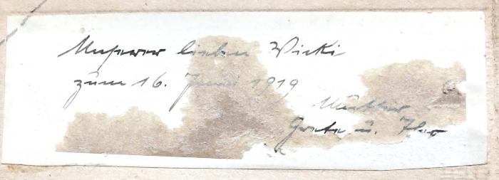 - ([...], Wicki;[...], Grete;[...], Theo), Etikett: Name, Widmung, Datum; 'Unserer lieben Wicki zum 16. Juni 1919 / Münster[?] / Grete u. Theo'. 
