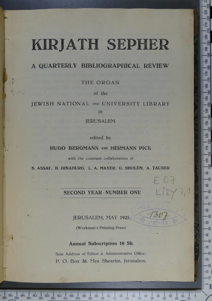 E 07 Kiry 2,1 : קרית ספר
Kirjath Sepher. A quarterly bibliographical review (1925)