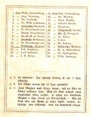 - (Ziegner, [...]), Etikett: ; '1. Herr Wilh. Sternenberg / 2. herr Aug. Levering / 3. Herr Dr. Potthoff / [...] / 11. Herr Rechtsanw. Ziegner [unterstrichen] / [...] §. 5. der Statuten: Der jährlichen Beitrag ist auf 3 Thlr. festgesetzt / §. 6. Die Bücher werden alle 14 Tage gewechselt. / §. 7. Jeden Mitglied muß Sorge tragen, daß der Bote die Bücher auffinden kann. Muß der Bote deshalb einen vergeblichen Gang machen, so erlegt das betreffende Mitglied 5 Sgr. Strafe zur Vereins-Kasse. - Wer ein Buch über eine Woche zu lange behält, verliert, beschädigt, oder beschmutzt, muß den Ladenpreis erlegen.'. 