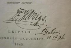 - (Voigt, H.), Von Hand: Berufsangabe/Titel/Branche, Name, Autogramm, Datum, Ortsangabe; 'Dr. H. Voigt.
Berlin. 18.XII.96.'. 