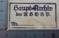 - (Nationalsozialistische Deutsche Arbeiterpartei. Hauptarchiv), Stempel: Name, Berufsangabe/Titel/Branche; 'Haupt-Archiv 
der NSDAP 
Nr.'.  (Prototyp)