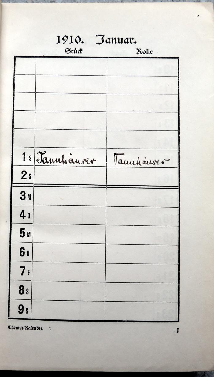 - (Hartmann, Dr. Fritz), Von Hand: Notiz; '"1910. Januar. 1. [...] Stück: [hs. ergänzt:] Tannhäuser / Rolle: [hs. ergänzt:] Tannhäuser"'. 