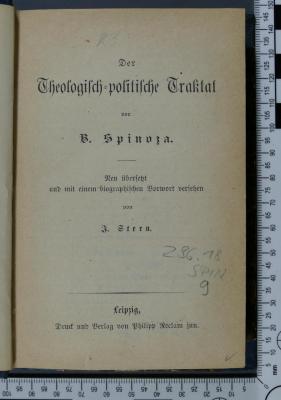 296.18 SPIN 9 : Der theologisch-politische Traktat von B. Spinoza : Neu übersetzt und mit einem biographischen Vorwort versehen von J. Stern ([1886])