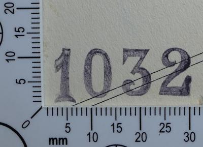 - (Adolf Kraus-Loge J.O.B.B. Olmütz-Proßnitz in Olmütz), Stempel: Inventar-/ Zugangsnummer; '1032'. 