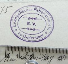- (Evangelischer Arbeiter-Verein Duderstadt), Stempel: Name, Ortsangabe; 'Evangelischer Arbeiterverein zu Duderstadt E. V.'. 
