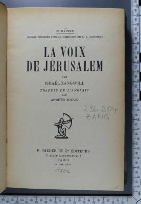 296.204 ZANG : La voix de Jérusalem  (1926)