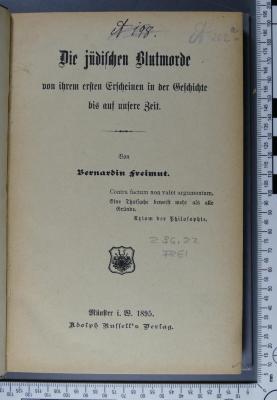 296.22 FREI : Die jüdischen Blutmorde von ihrem ersten Erscheinen in der Geschichte bis auf unsere Zeit (1895)