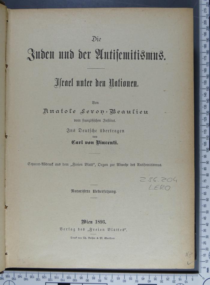 296.204 LERO : Die Juden und der Antisemitismus : Israel unter den Nationen  (1893)
