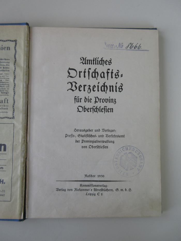 Q 625 (ausgesondert) : Amtliches Ortschaftsverzeichnis für die Provinz Oberschlesien (1930)