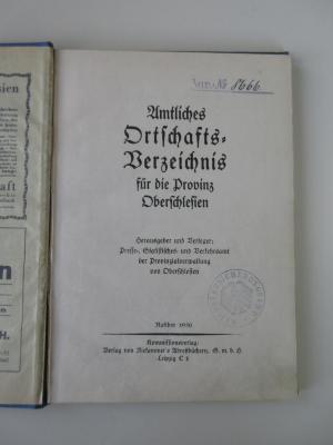 Q 625 (ausgesondert) : Amtliches Ortschaftsverzeichnis für die Provinz Oberschlesien (1930)