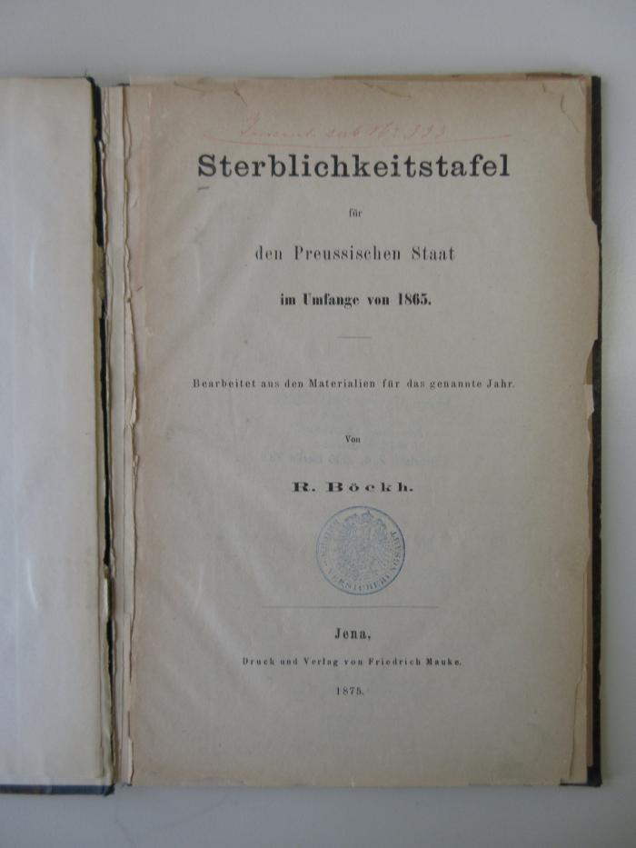 C 2397 (ausgesondert) : Sterblichkeitstafel für den Preussischen Staat im Umfang von 1865 (1875)