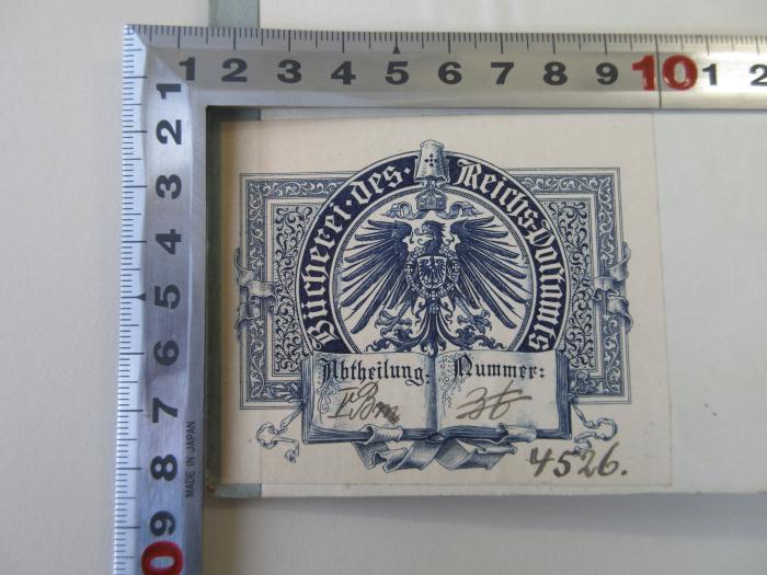 Q 642 1 (ausgesondert) : Die Fortschritte der amtlichen Arbeitsstatistik in den wichtigsten Staaten - 1. Teil
Vereinigte Staaten von Amerika, Großbritannien und Irland, Frankreich, Belgien, Österreich, Deutsches Reich (1904);- (Reichspostamt (Berlin). Bücherei), Etikett: Name, Wappen, Nummer; 'Bücherei des Reichs-Postamts Abtheilung: V Bm Nummer: 36 4526'.  (Prototyp)