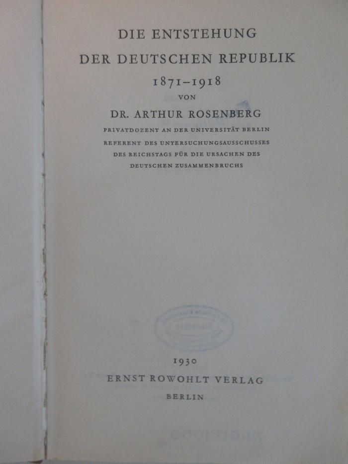 SA 41&lt;2&gt; : Die Entstehung der deutschen Republik 1871-1918  (1930)