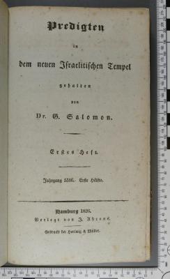 296.45 SALO 2 : Predigten in dem neuen Israelitischen Tempel (1826)