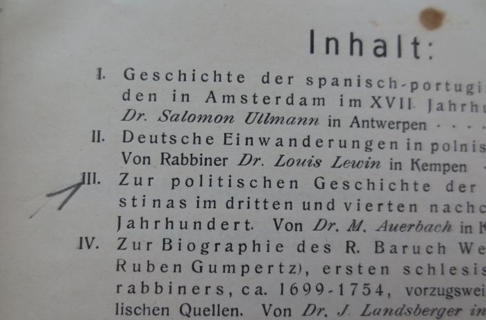  Jahrbuch der Jüdisch-Literarischen Gesellschaft. 1907 5668. (1907);- (Kahn, Moses),  Annotation'1'. 