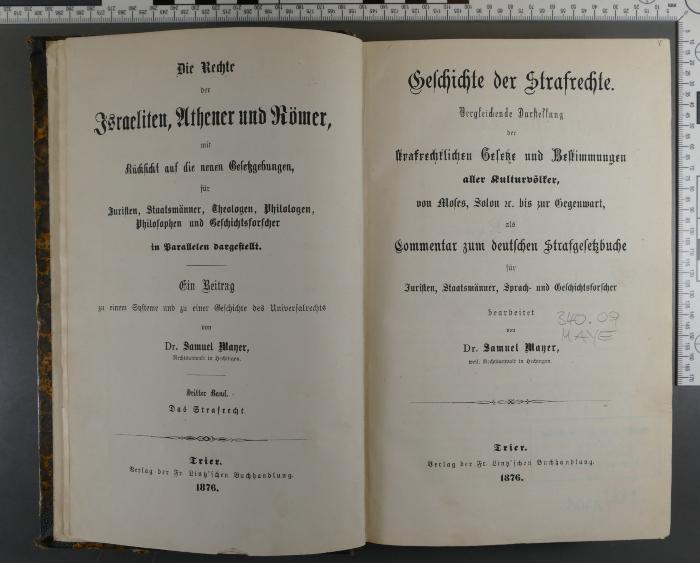 340.09 MAYE : Die Rechte der Israeliten, Athener und Römer (1876)